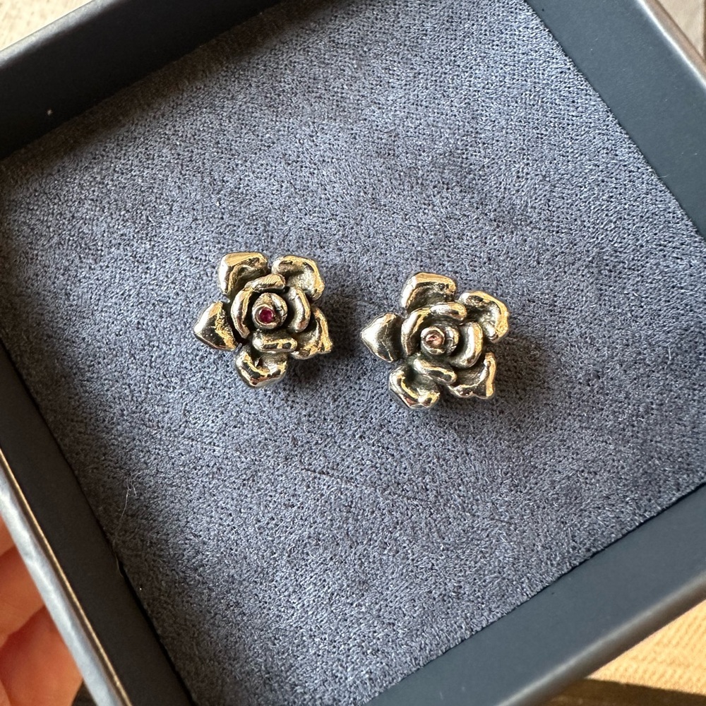 Ed Hardy Stainless Steel & Red Garnite Rose Stud Earrings